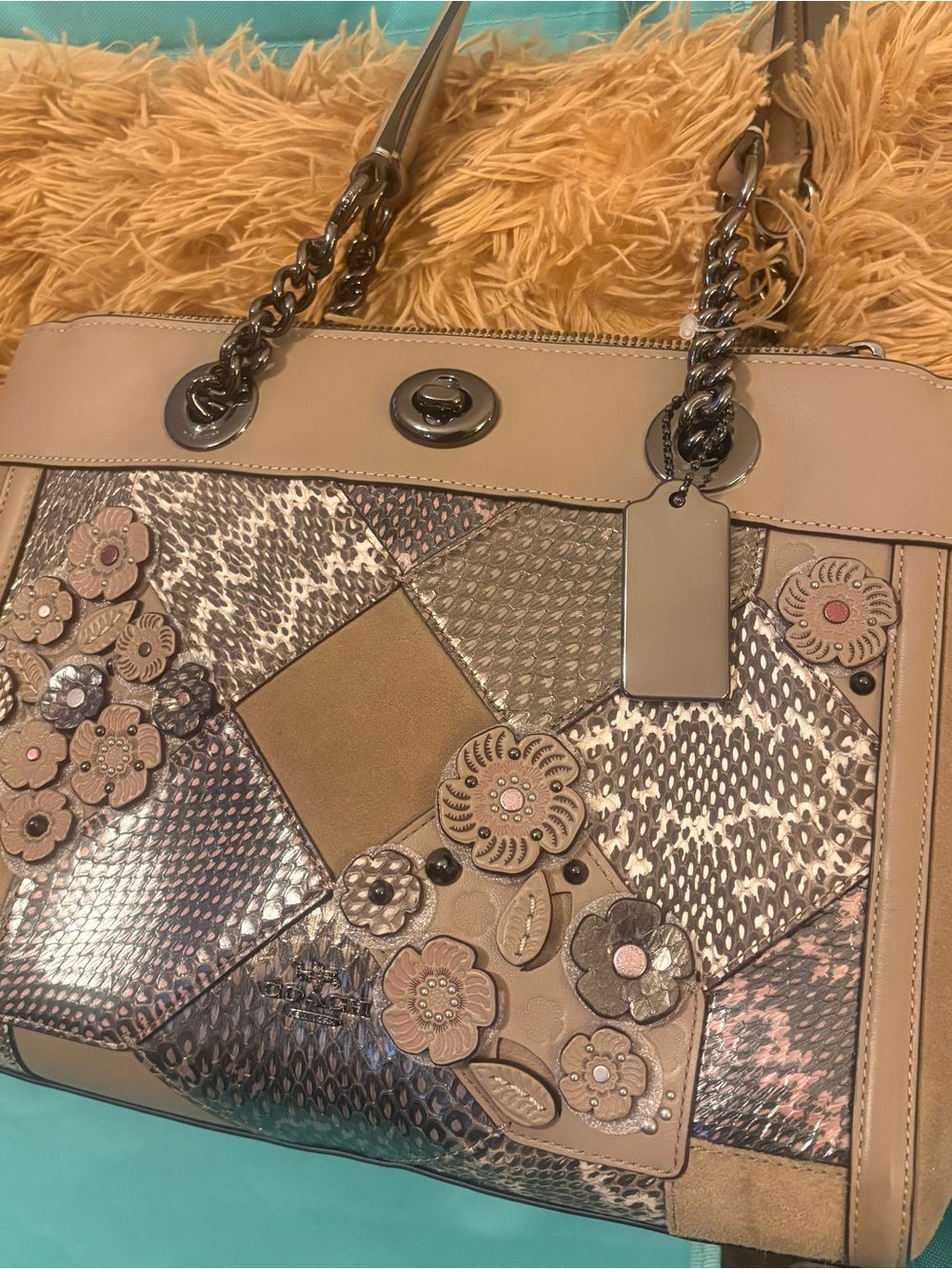 Coach Tan Patchwork Snakeskin Floral Tote in Beige Accents creed:E1781-12112